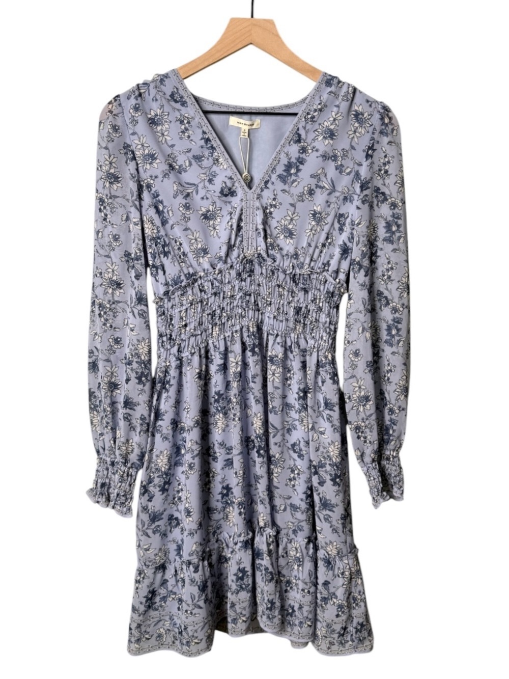 NWT Max Studio Floral Long Sleeve Smocked Waist Tiered Mini Dress Blue Small